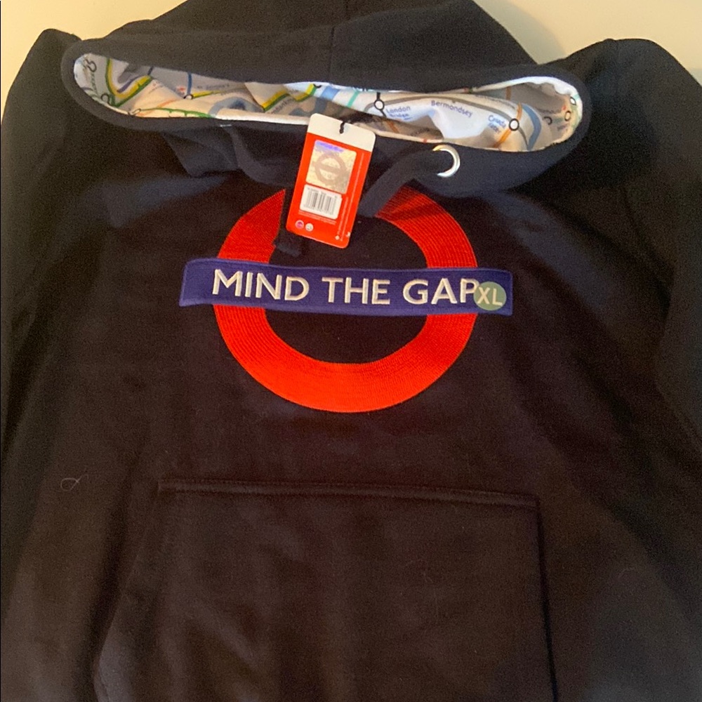 Black Hoodie with Red and Blue 'Mind the Gap' Design